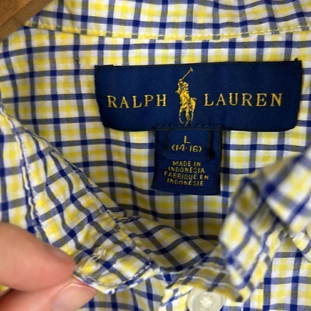 Ralph Lauren Boys Button Down Shirt Sz L 14-16 Long Sleeve Blue Yellow Plaid